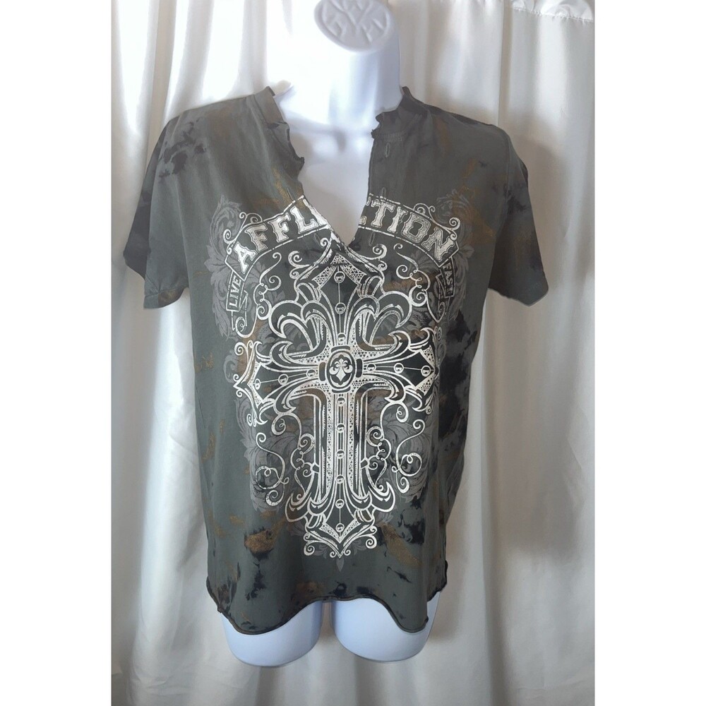 Affliction Saint German Women’s T-shirt Size S Y2K Retro Charcoal Black